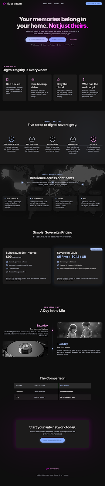 Substratum marketing landing page — Google Stitch mockup (Midnight Gallery, hero through footer)
